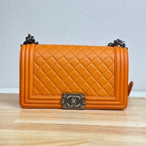 Chanel Orange Leather Medium Boy Bag Shoulder Bag Crossbody